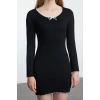 Women Fashion Stylish Mini Length Pool Neck Slim Fitted Bodycon Bow Detail Knitted Dress