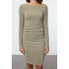 Women Fashion Stylish Mini Length Boat Neck Fitted Plain Gather Drape Detail Bodycone Knitted Dress