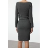 Women Fashion Stylish Mini Length Boat Neck Fitted Plain Gather Drape Detail Bodycone Knitted Dress