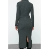 Women Fashion Stylish Maxi Length Polo Neck Fitted Plain Bodycone Textured Button Detail Knitted Dress