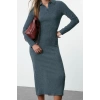 Women Fashion Stylish Maxi Length Polo Neck Fitted Plain Bodycone Textured Button Detail Knitted Dress