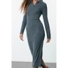 Women Fashion Stylish Maxi Length Polo Neck Fitted Plain Bodycone Textured Button Detail Knitted Dress