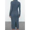 Women Fashion Stylish Maxi Length Polo Neck Fitted Plain Bodycone Textured Button Detail Knitted Dress