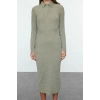 Women Fashion Stylish Maxi Length Polo Neck Fitted Plain Bodycone Textured Button Detail Knitted Dress