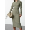 Women Fashion Stylish Maxi Length Polo Neck Fitted Plain Bodycone Textured Button Detail Knitted Dress