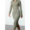 Women Fashion Stylish Maxi Length Polo Neck Fitted Plain Bodycone Textured Button Detail Knitted Dress