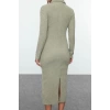 Women Fashion Stylish Maxi Length Polo Neck Fitted Plain Bodycone Textured Button Detail Knitted Dress