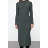 Women Fashion Stylish Maxi Length Polo Neck Fitted Plain Bodycone Textured Button Detail Knitted Dress