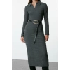 Women Fashion Stylish Maxi Length Polo Neck Fitted Plain Bodycone Textured Button Detail Knitted Dress