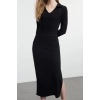 Women Fashion Stylish Midi Length V Neck Fitted Plain Polo Neck Bodycone Knitted Dress