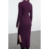Women Fashion Stylish Midi Length V Neck Fitted Plain Polo Neck Bodycone Knitted Dress