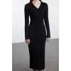 Women Fashion Stylish Midi Length V Neck Fitted Plain Polo Neck Bodycone Knitted Dress