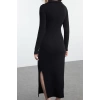 Women Fashion Stylish Midi Length V Neck Fitted Plain Polo Neck Bodycone Knitted Dress