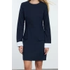 Women Fashion Stylish Mini Length Crew Neck Regular Straight Cut Cuff Detailed Woven Dress