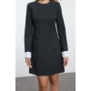 Women Fashion Stylish Mini Length Crew Neck Regular Straight Cut Cuff Detailed Woven Dress