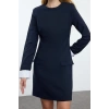 Women Fashion Stylish Mini Length Crew Neck Regular Straight Cut Cuff Detailed Woven Dress