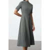 Women Fashion Stylish Midi Length Stand Collar Regular Plaid Checkered Waist Open Woven Dress