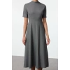 Women Fashion Stylish Midi Length Stand Collar Regular Plaid Checkered Waist Open Woven Dress