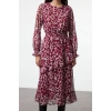 Women Fashion Stylish Maxi Length Crew Neck Regular Flounce Detailed Lined Chiffon Woven Winter Dress