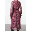 Women Fashion Stylish Maxi Length Crew Neck Regular Flounce Detailed Lined Chiffon Woven Winter Dress