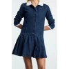 Women Fashion Stylish Mini Length Shirt Collar Denim Pleated Dress