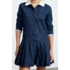 Women Fashion Stylish Mini Length Shirt Collar Denim Pleated Dress