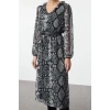 Women Fashion Stylish Midi Length V Neck Regular Animal Belted Woven Dress