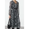 Women Fashion Stylish Midi Length V Neck Regular Animal Belted Woven Dress