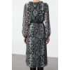 Women Fashion Stylish Midi Length V Neck Regular Animal Belted Woven Dress