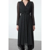 Womens Midi Length Double Breasted Polka Dot A-Line Neck Handkerchief Skirt Detailed Lined Chiffon Woven Dress
