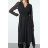 Womens Midi Length Double Breasted Polka Dot A-Line Neck Handkerchief Skirt Detailed Lined Chiffon Woven Dress