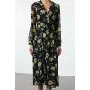 Women Fashion Stylish Midi Length Double Breasted Regular Floral Patterned A-Line Collar Woven Dress