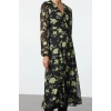 Women Fashion Stylish Midi Length Double Breasted Regular Floral Patterned A-Line Collar Woven Dress