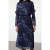 Women Fashion Stylish Midi Length Stand Collar Regular Floral A Cut Woven Winter Dress
