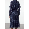 Women Fashion Stylish Midi Length Stand Collar Regular Floral A Cut Woven Winter Dress