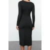 Women Fashion Stylish Midi Length Boat Neck Slim Plain Bodycone Fitted Polyamide Knit Dress