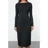 Women Fashion Stylish Midi Length Boat Neck Slim Plain Bodycone Fitted Polyamide Knit Dress