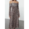 Women Fashion Stylish Midi Length Carmen Collar Slim Plain Tie Detail Knitted Dress