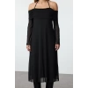Women Fashion Stylish Midi Length Carmen Collar Slim Plain Tie Detail Knitted Dress