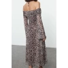 Women Fashion Stylish Midi Length Carmen Collar Slim Plain Tie Detail Knitted Dress