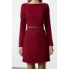 Women Fashion Stylish Mini Length Boat Neck Fitted Belted Bodycon Woven Dress