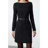 Women Fashion Stylish Mini Length Boat Neck Fitted Belted Bodycon Woven Dress