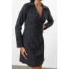 Women Fashion Stylish Mini Length Shirt Collar Regular Plaid A Cut Double Breasted Winter Woven Dress