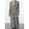 Womens Midi Length V Neck Fitted Animal Pattern Adjustable Collar Opening Gathered Skirt Woven Dress