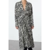 Womens Midi Length V Neck Fitted Animal Pattern Adjustable Collar Opening Gathered Skirt Woven Dress