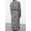 Womens Midi Length V Neck Fitted Animal Pattern Adjustable Collar Opening Gathered Skirt Woven Dress