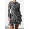 Kadın Moda Şık Mini Boy Bisiklet Yaka Regular Eteği Volanlı Leopar Desenli Dokuma Kışlık Elbise
