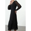 Women Fashion Stylish Midi Length V Neck Regular Ruffle Chiffon Woven Dress