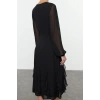 Women Fashion Stylish Midi Length V Neck Regular Ruffle Chiffon Woven Dress
