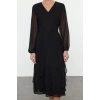 Women Fashion Stylish Midi Length V Neck Regular Ruffle Chiffon Woven Dress